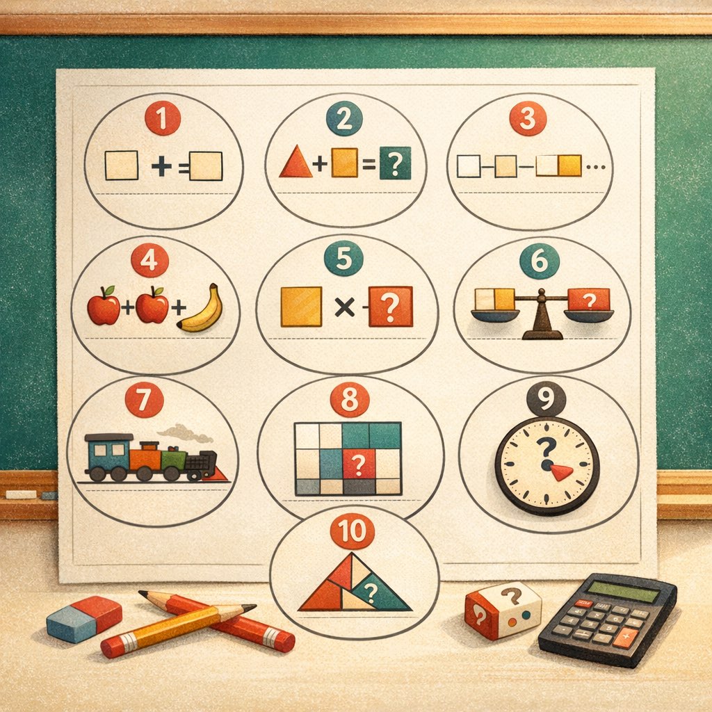 A challenge worksheet with numbered circles, pencils, and puzzle-style math prompts.