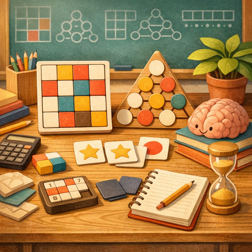 Puzzle tiles, number patterns, and memory cards used for brain training in math.
