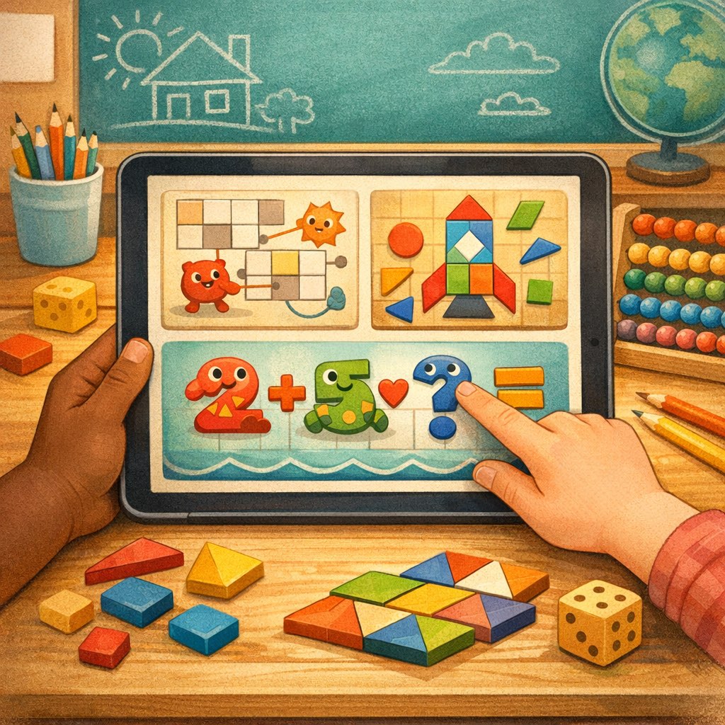 A tablet showing playful number puzzles and geometric math game tiles.