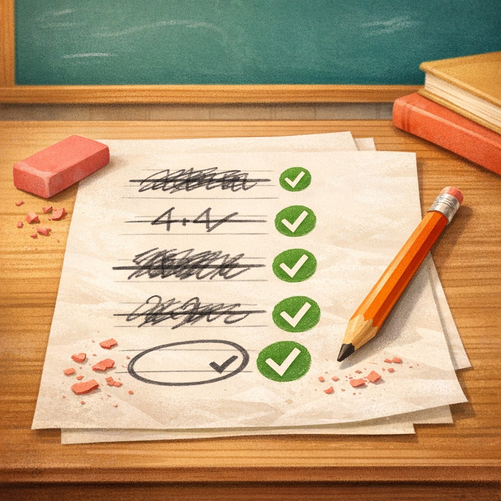 An erased math page with corrected steps, check marks, and a pencil showing revision.