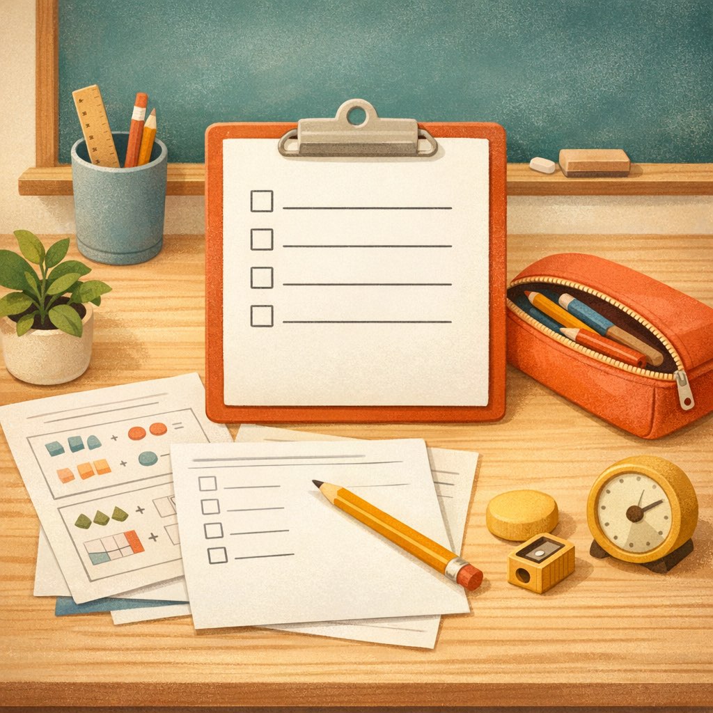 A simple beginner practice checklist with worksheets, a pencil case, and a cup of tea.