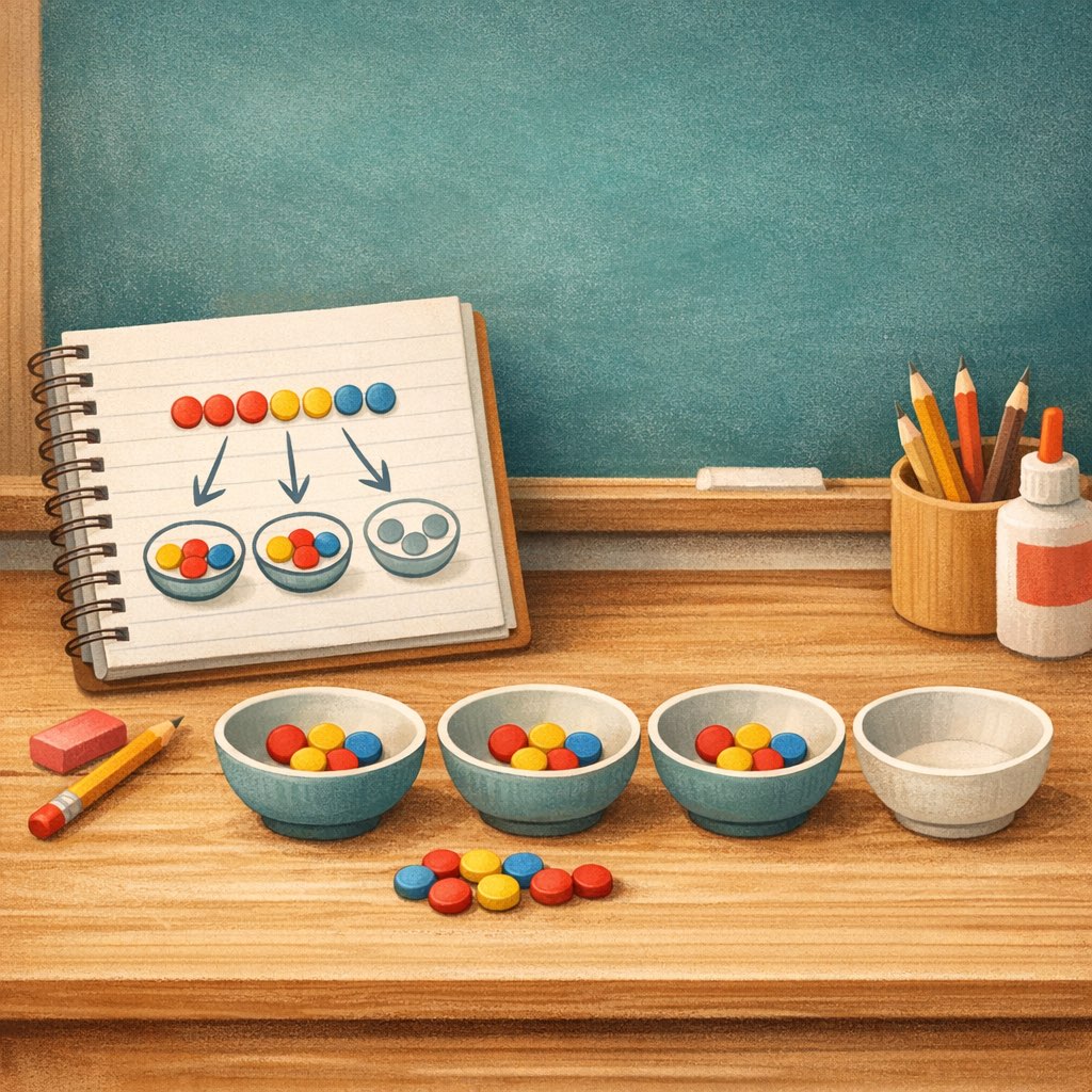 Counters being shared into equal bowls beside a neat notebook to show division.
