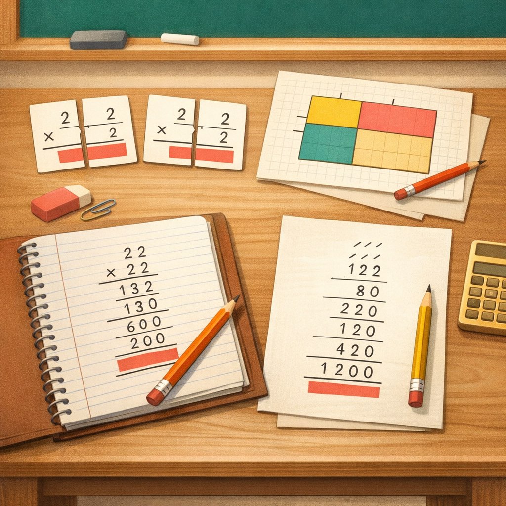Split multiplication cards, area models, and neat worked examples for larger numbers.