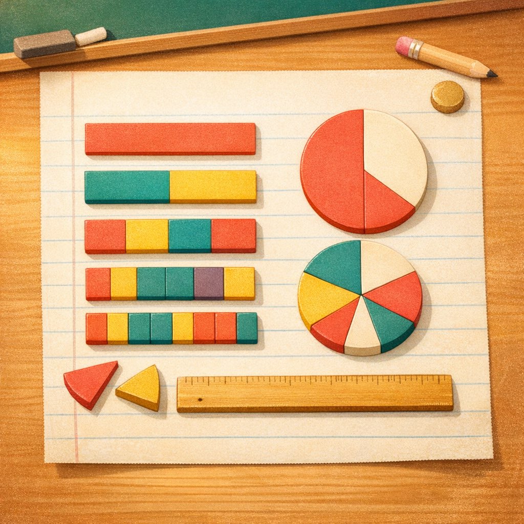 Fraction strips, pie pieces, and a ruler laid out on warm classroom paper.