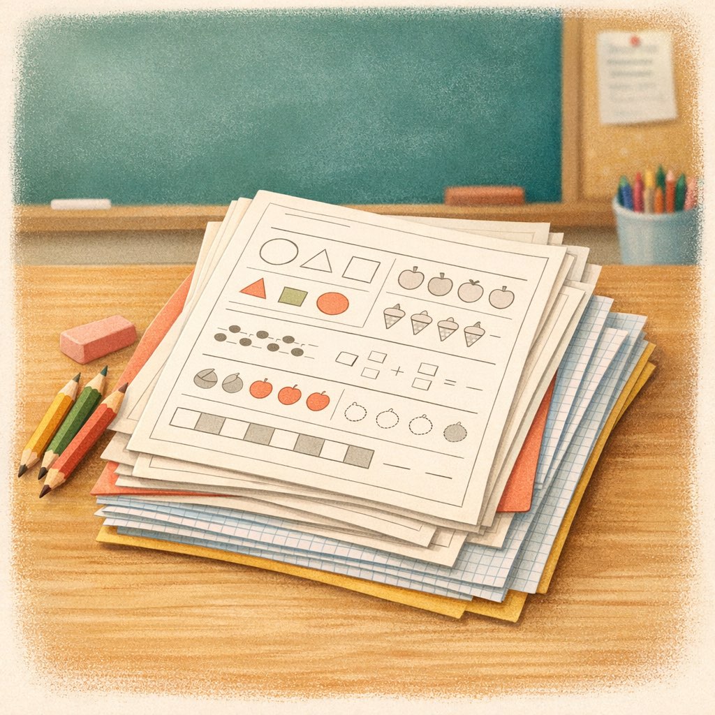 Printable beginner worksheets, pencils, and graph paper stacked for practice.