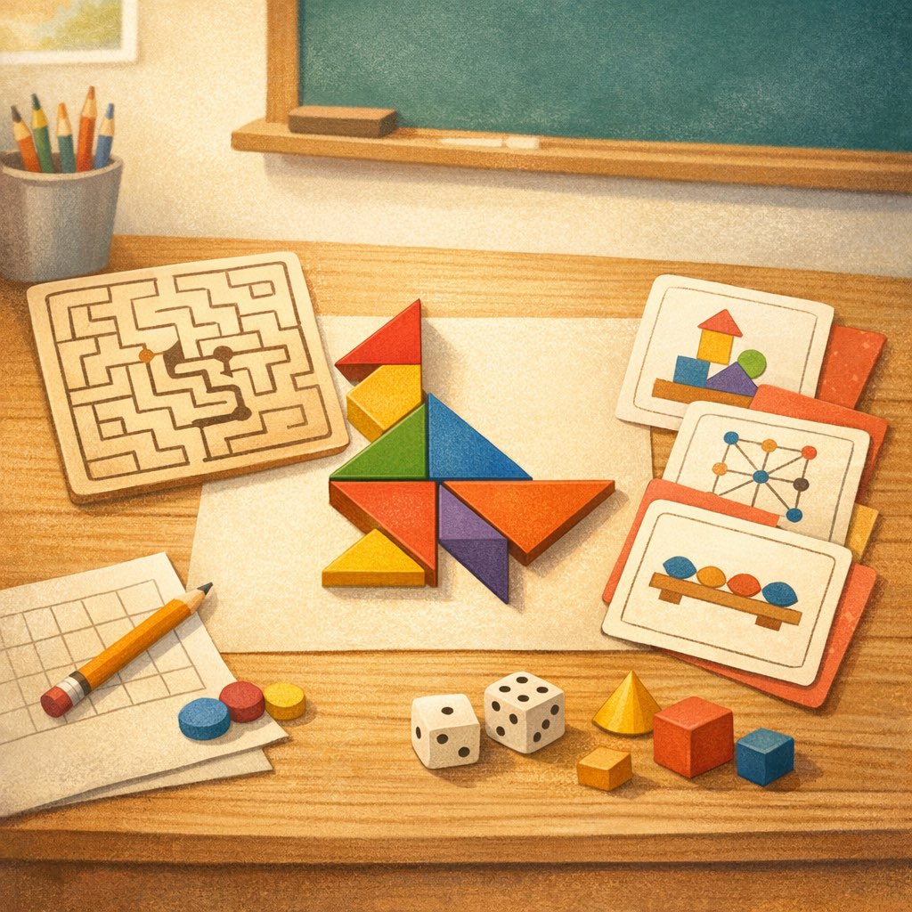 Tangram pieces, number mazes, and challenge cards laid out for a math activity.