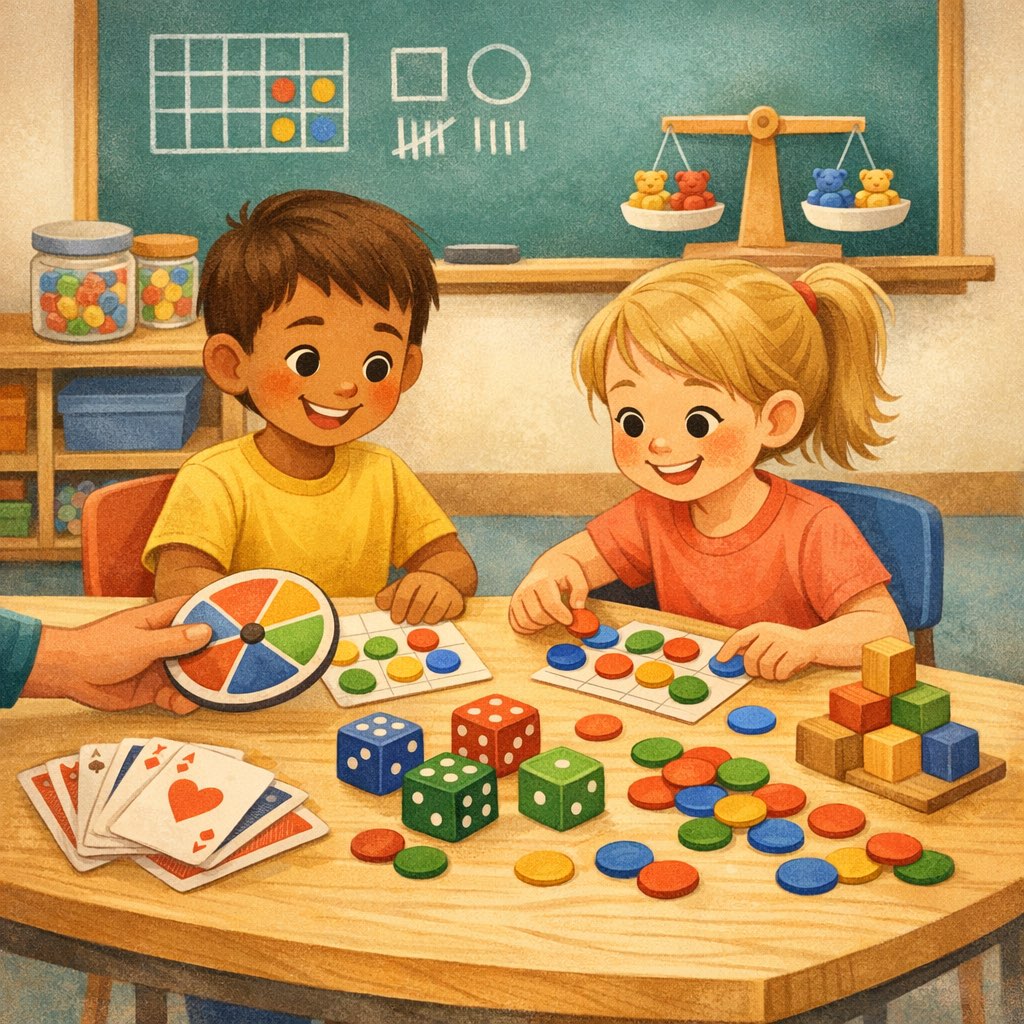 Dice, cards, colorful counters, and classroom activities that make math feel playful.