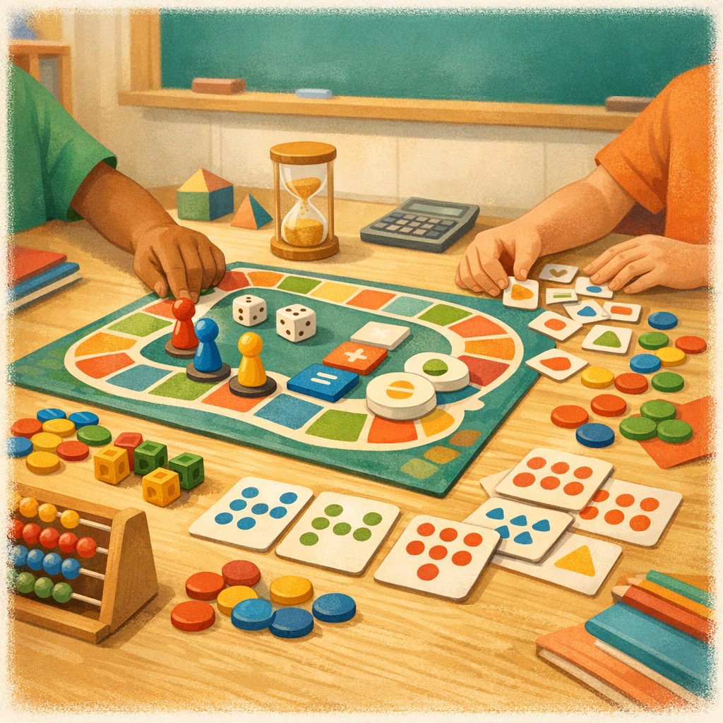 Board game pieces, number cards, and collaborative math play on a classroom table.