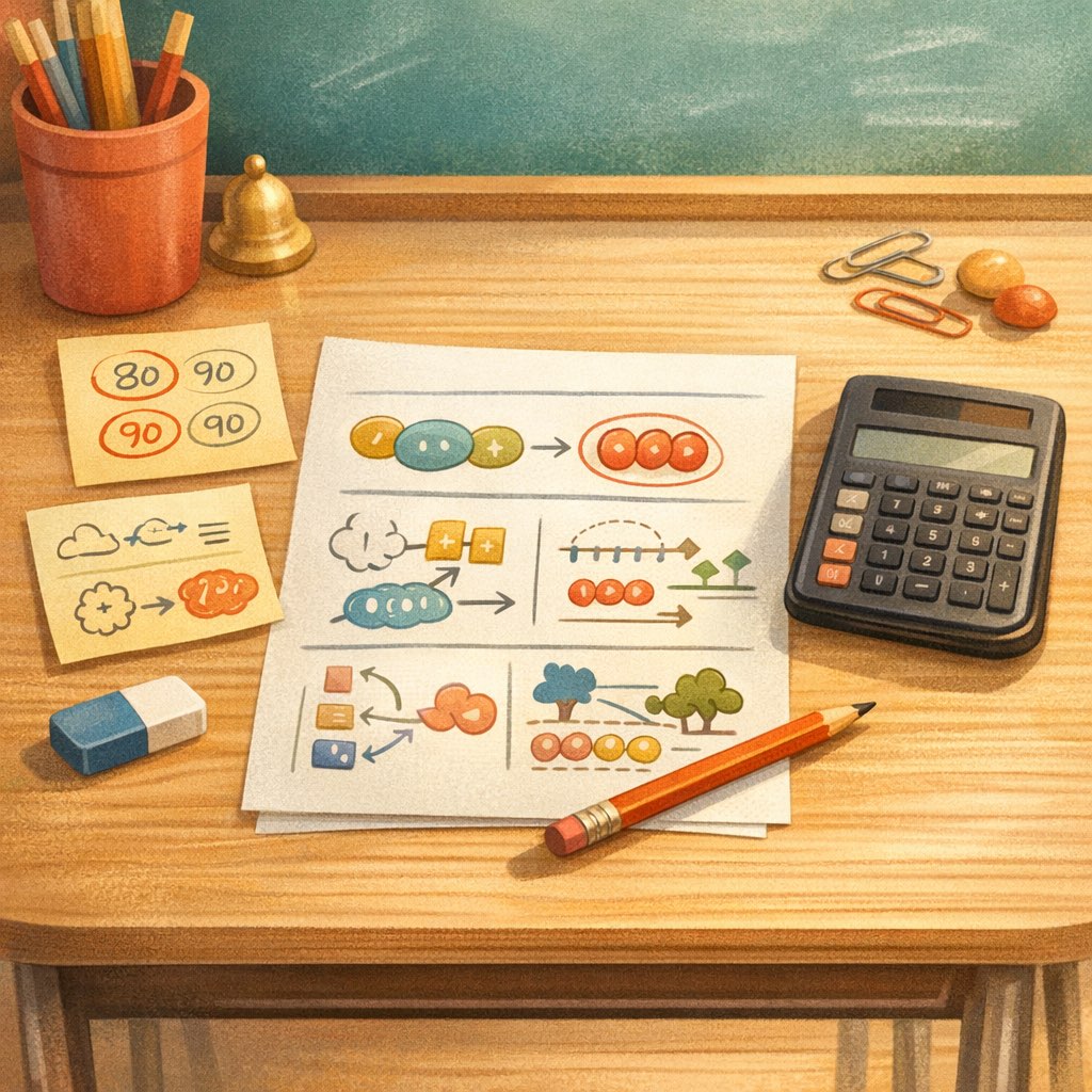 A student desk with rounded numbers, quick estimates, and a closed calculator kept aside.