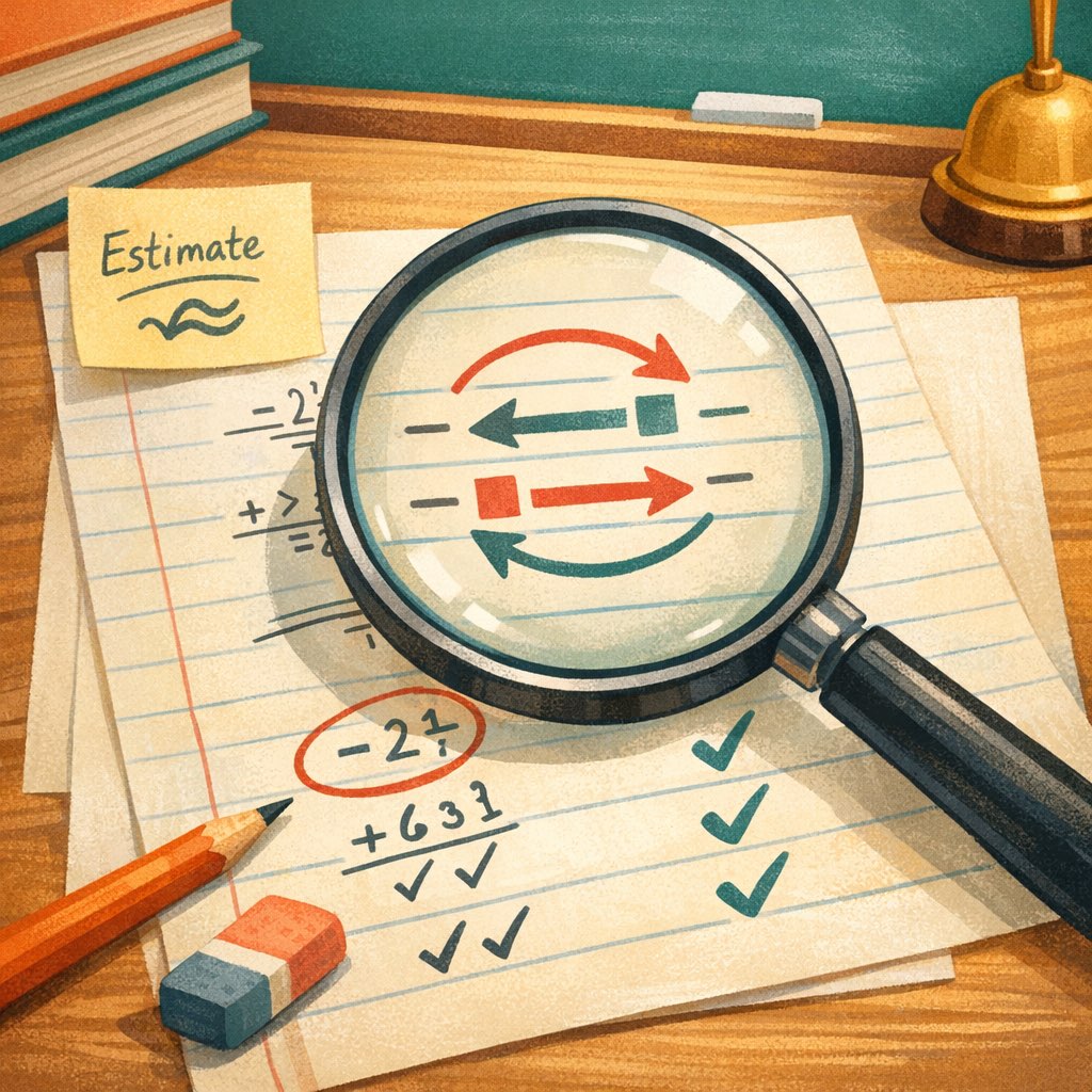A magnifying glass over worked math steps with estimate notes and inverse arrows.