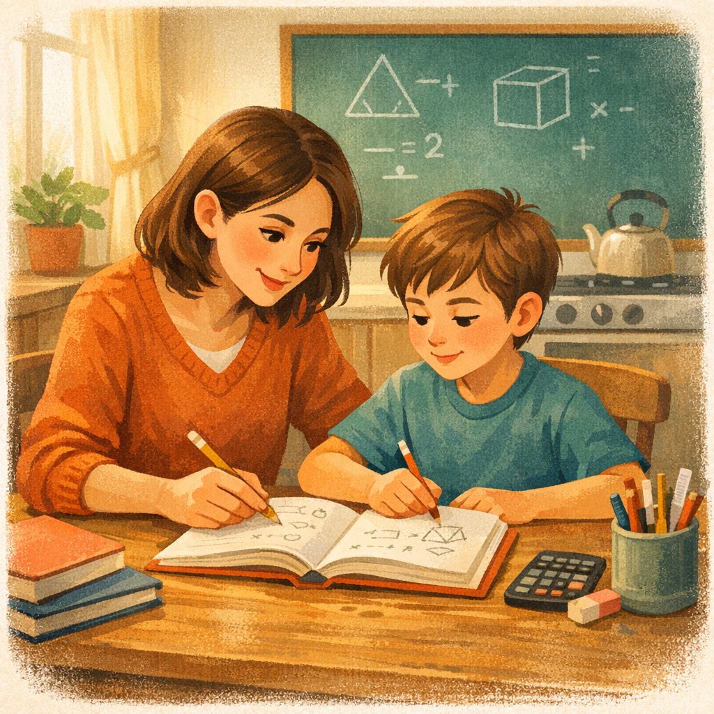 A parent and child reviewing math homework together at a warm kitchen table.