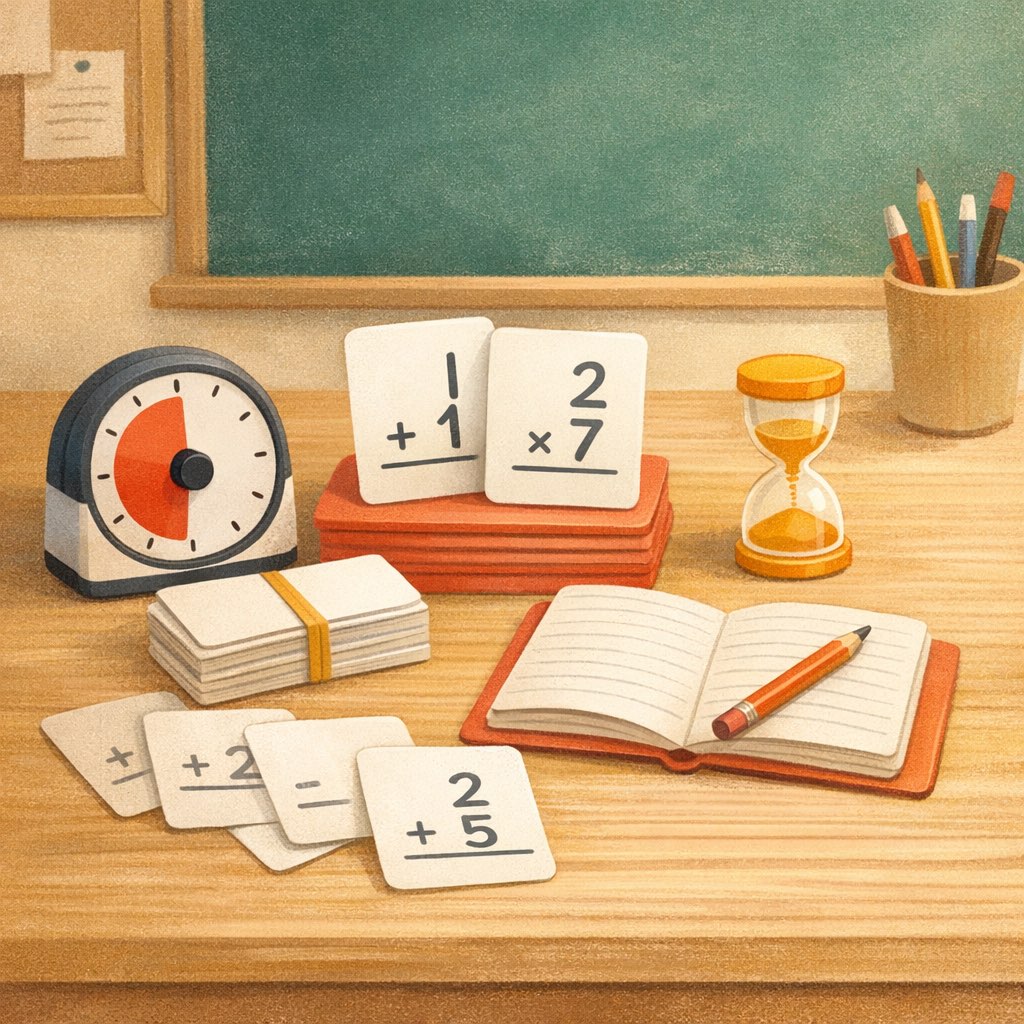 A five-minute math practice setup with flashcards, a timer, and a small notebook.