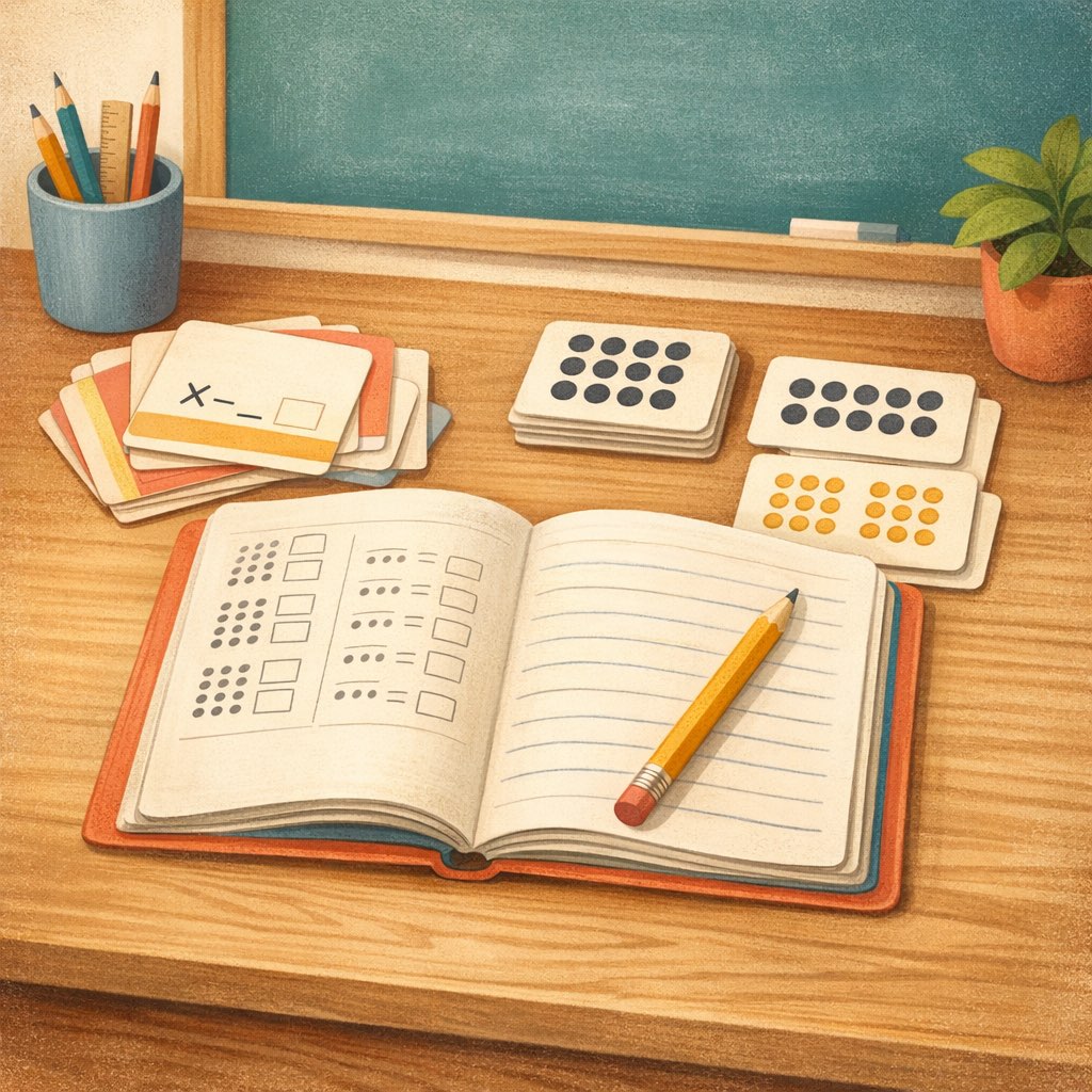 Multiplication flashcards, a practice notebook, and grouped dots arranged in a calm study routine.