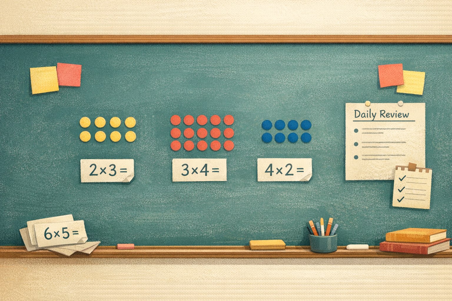 A multiplication practice board with dot arrays, flashcards, and a short daily review plan.