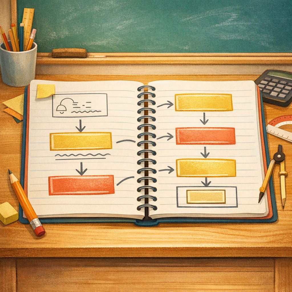 A math notebook with arrows, highlighted steps, and a clear problem-solving flow.