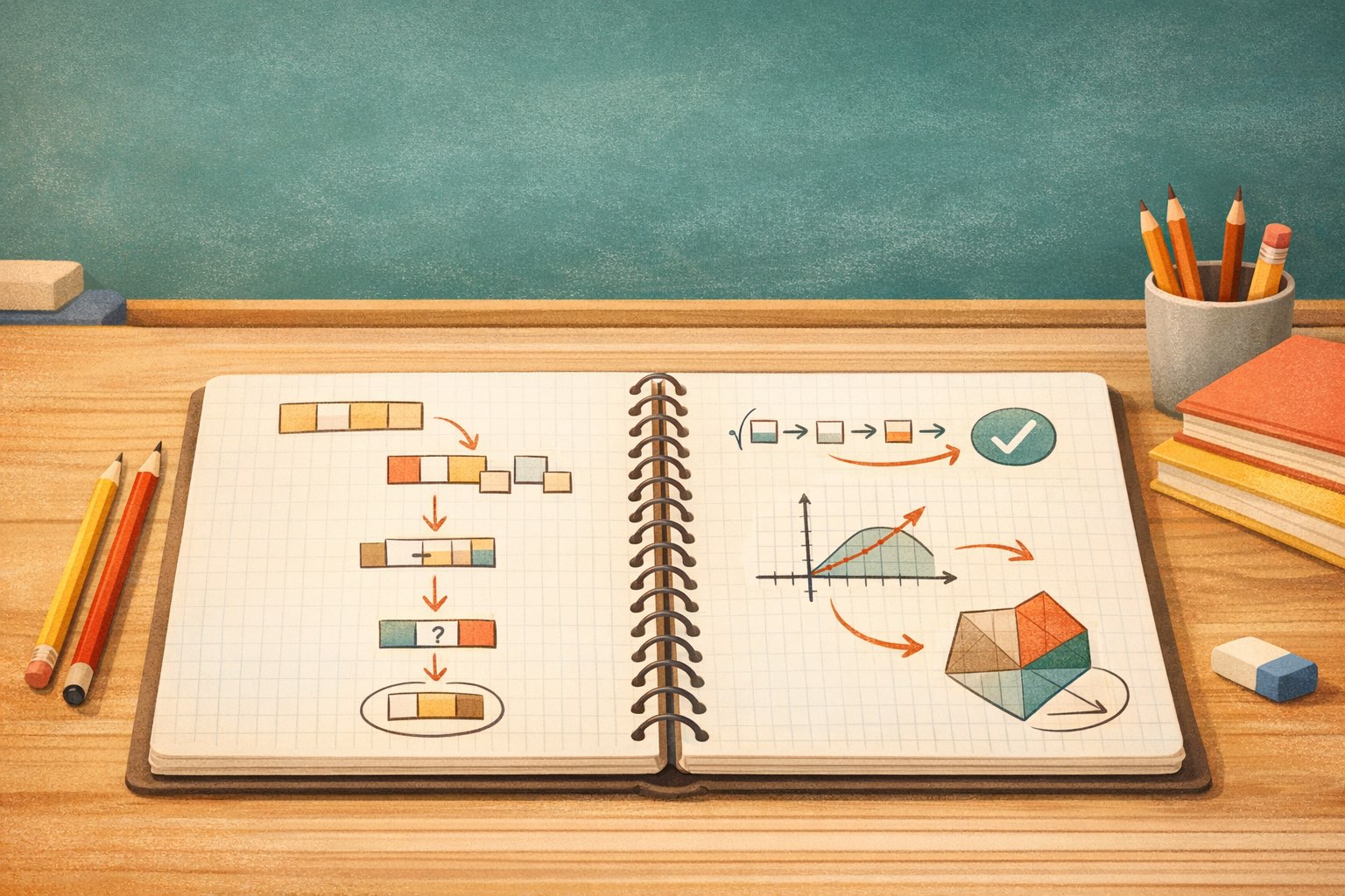 A step-by-step problem-solving notebook with diagrams, arrows, and grouped information.