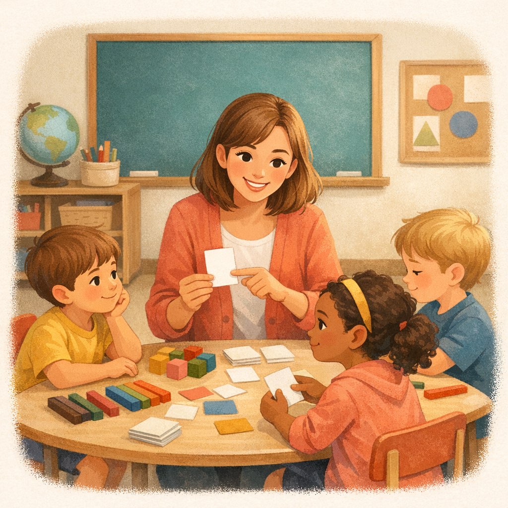 A teacher working with blocks and number cards at a small group math table.