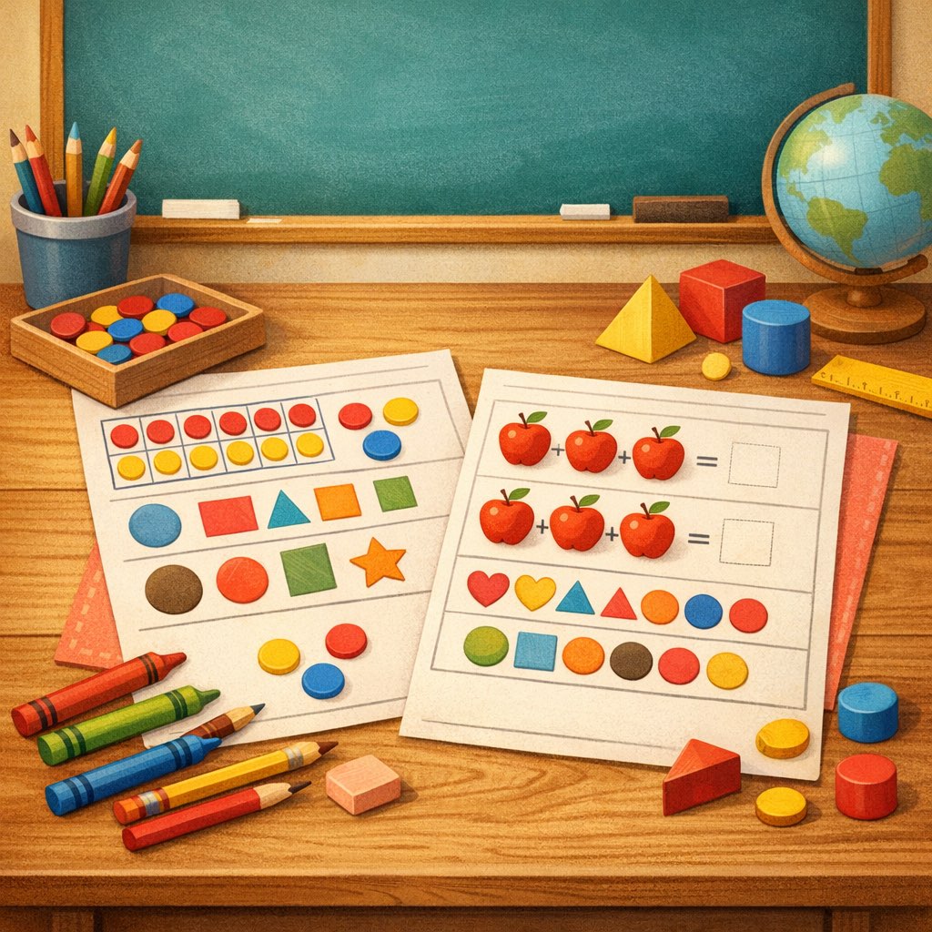 Kid-friendly math pages with counters, shapes, and pencils in a bright learning setup.