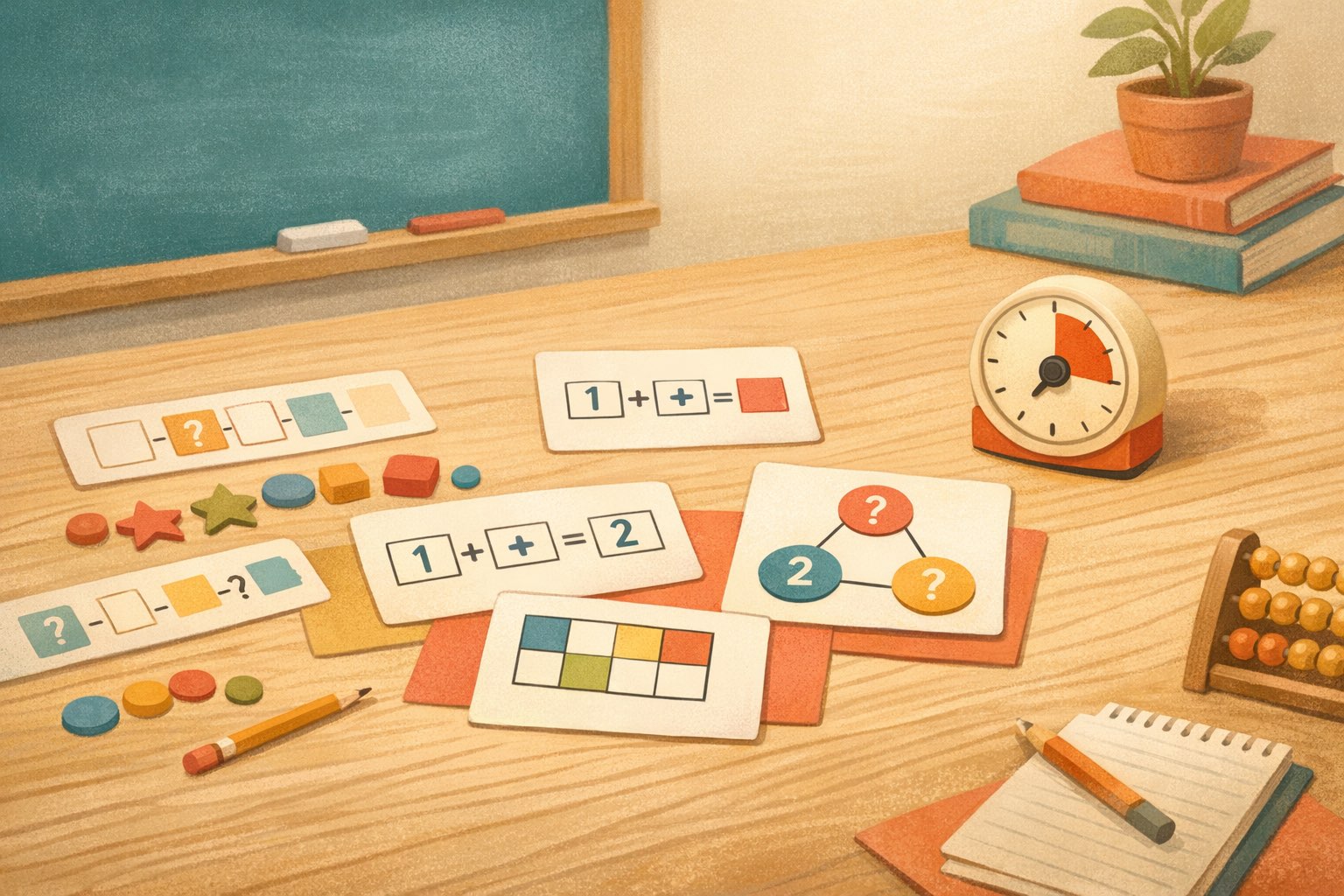 A playful mental math practice table with puzzle cards, number patterns, and a small timer.