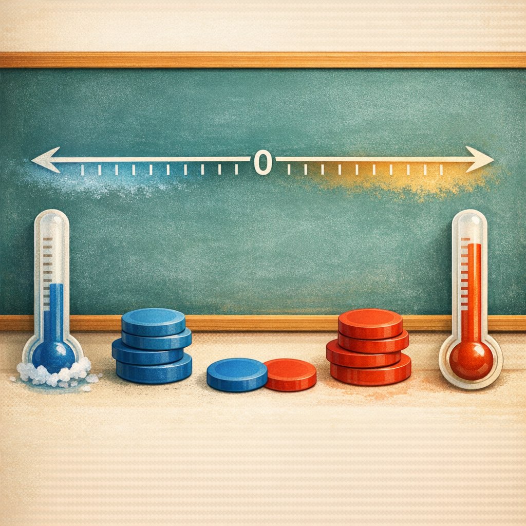 A number line with below-zero markers, thermometers, and colored chips for negative numbers.