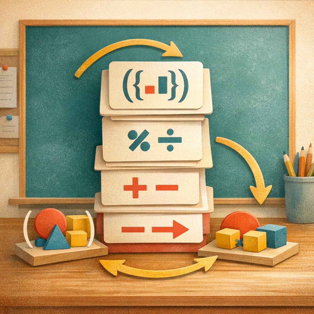 Nested math cards, brackets, and step arrows arranged to show the order of operations.
