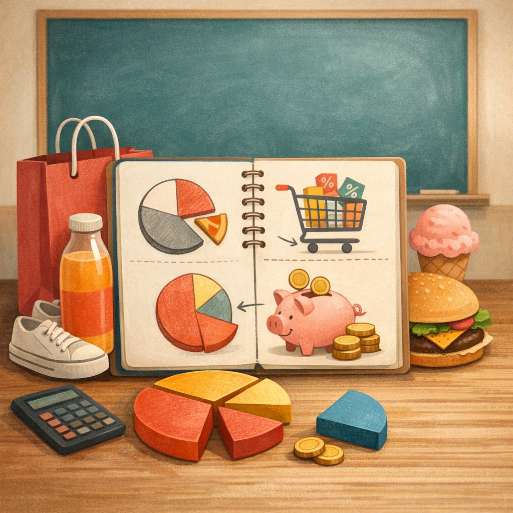 Shopping tags, pie chart pieces, and a notebook used to explain percentages in daily life.