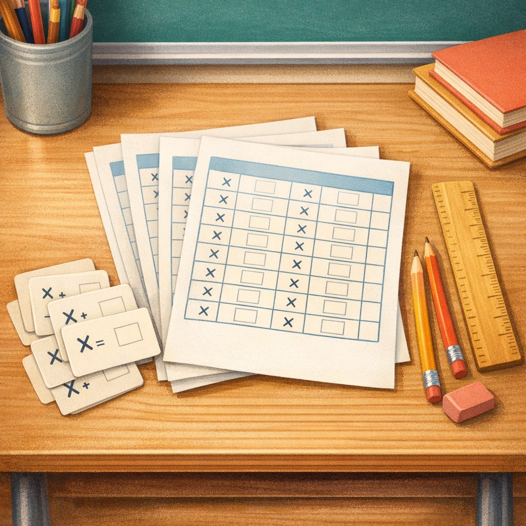 Multiplication worksheets, flashcards, and a ruler ready for focused review.