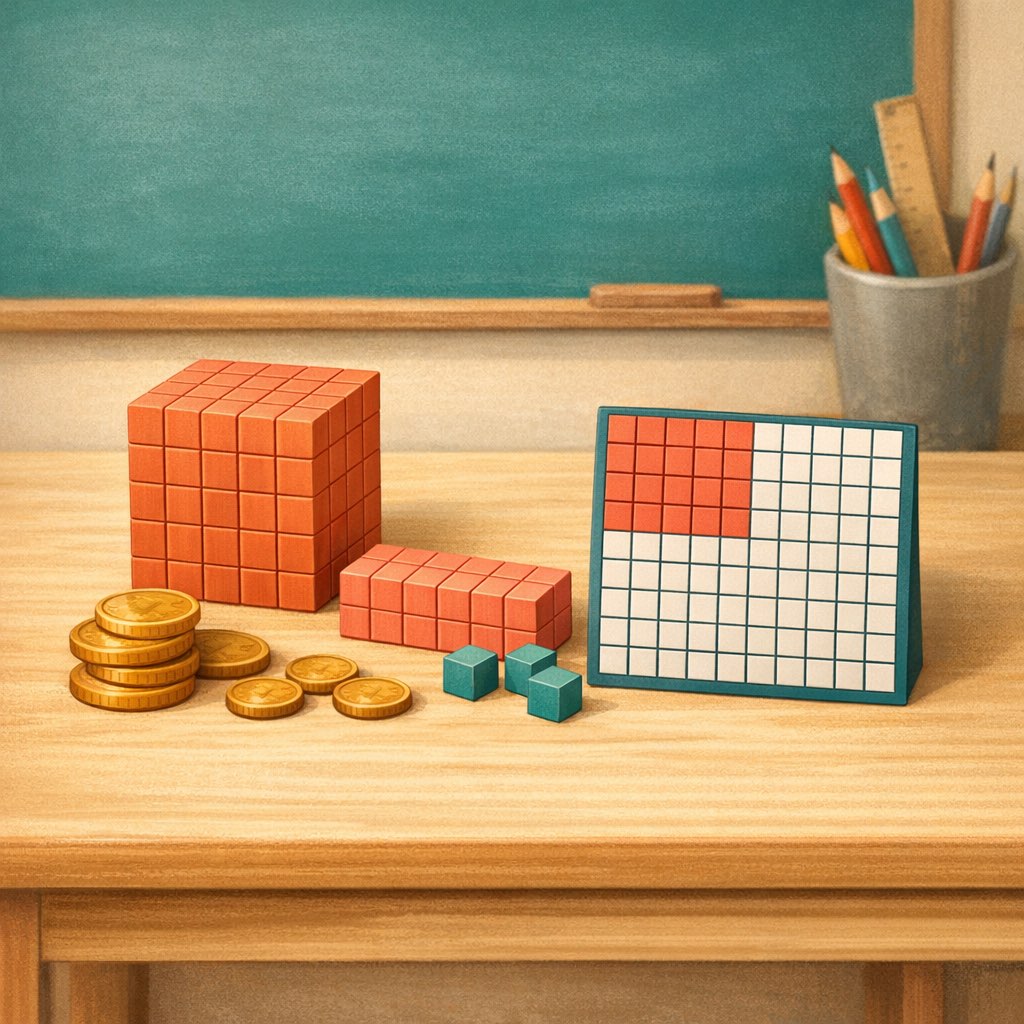 Coins, place value blocks, and a decimal grid arranged on a student desk.