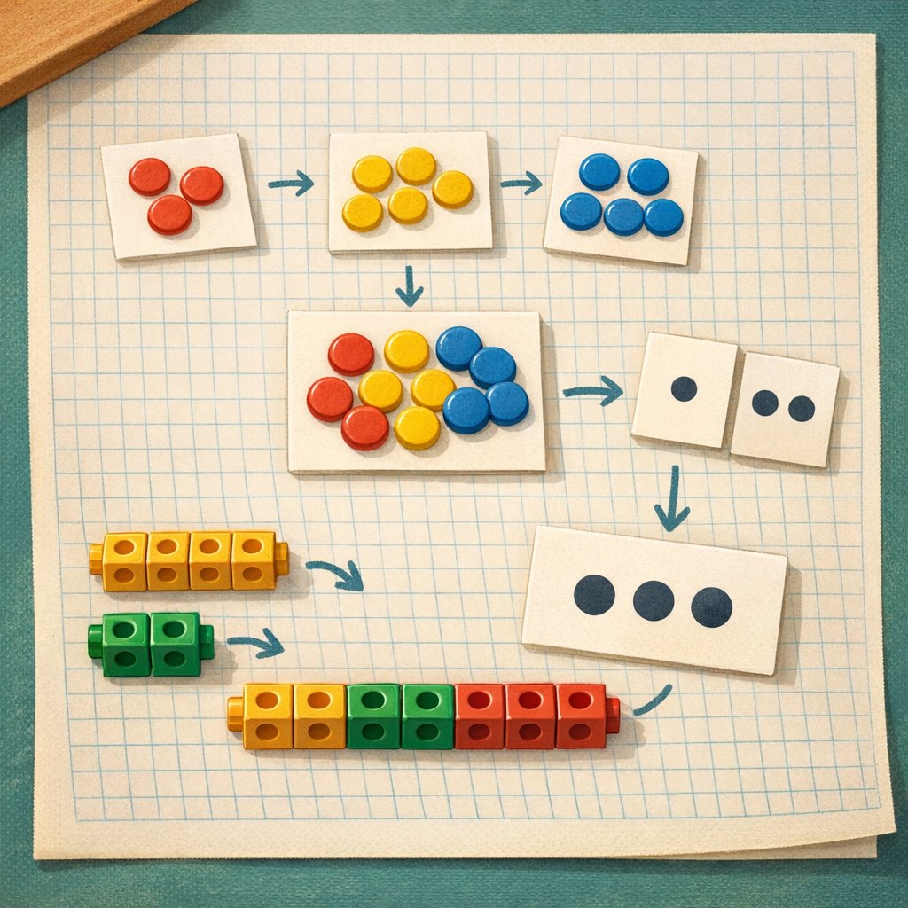 Colorful counting counters and number cards grouped together on graph paper to explain addition.