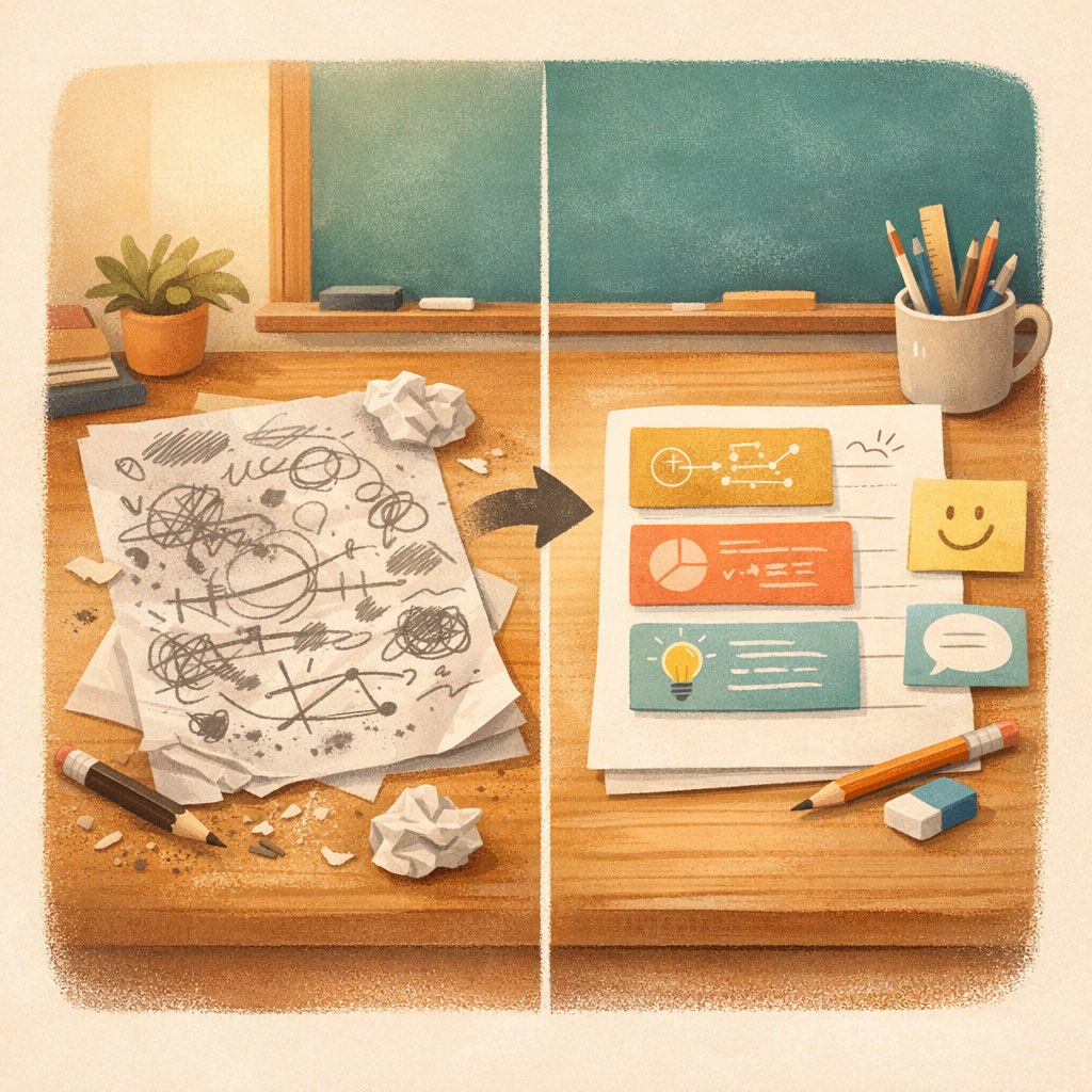 A stressed math page becoming clearer with step cards, notes, and supportive guidance.