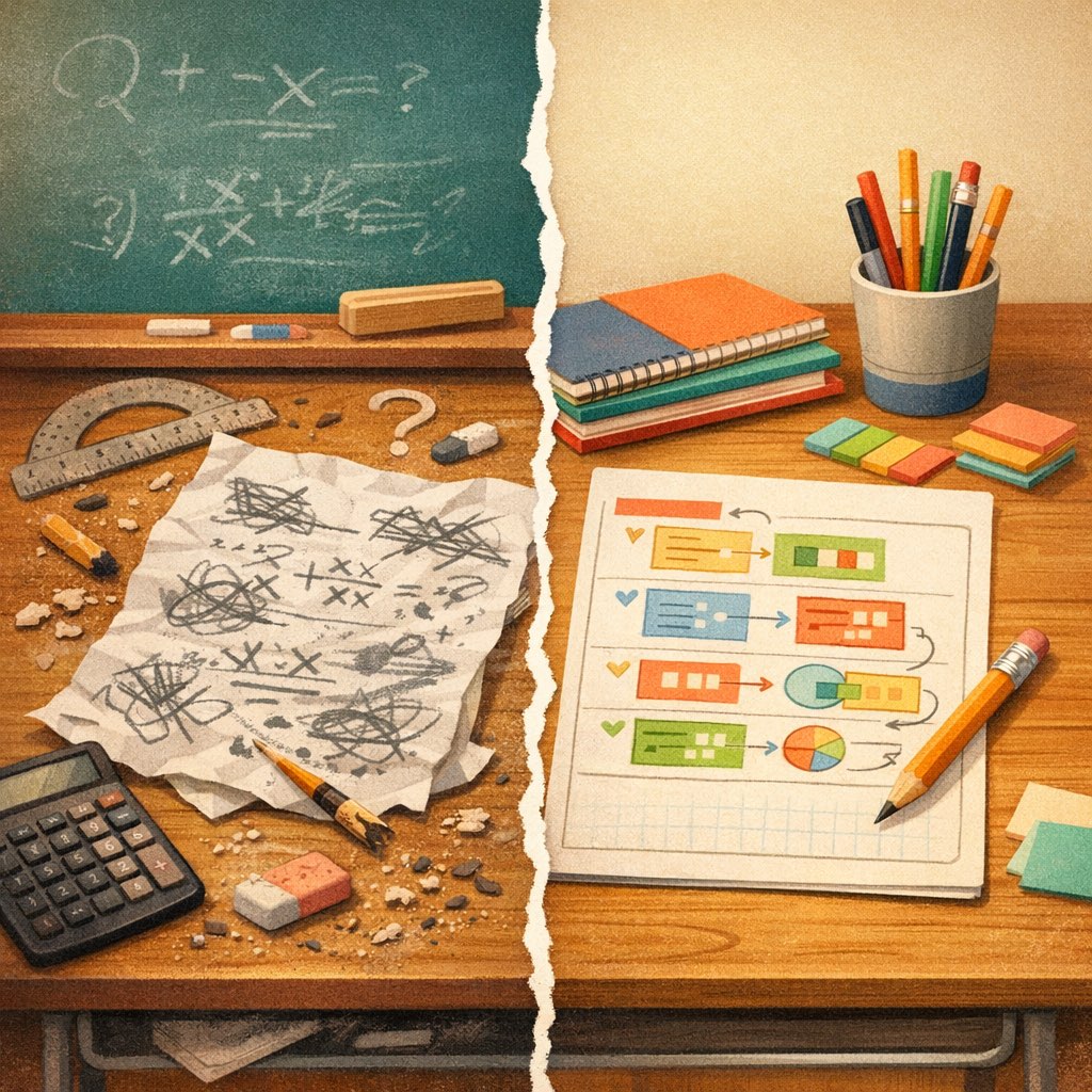A cluttered worksheet becoming organized with color-coded steps and calm study tools.