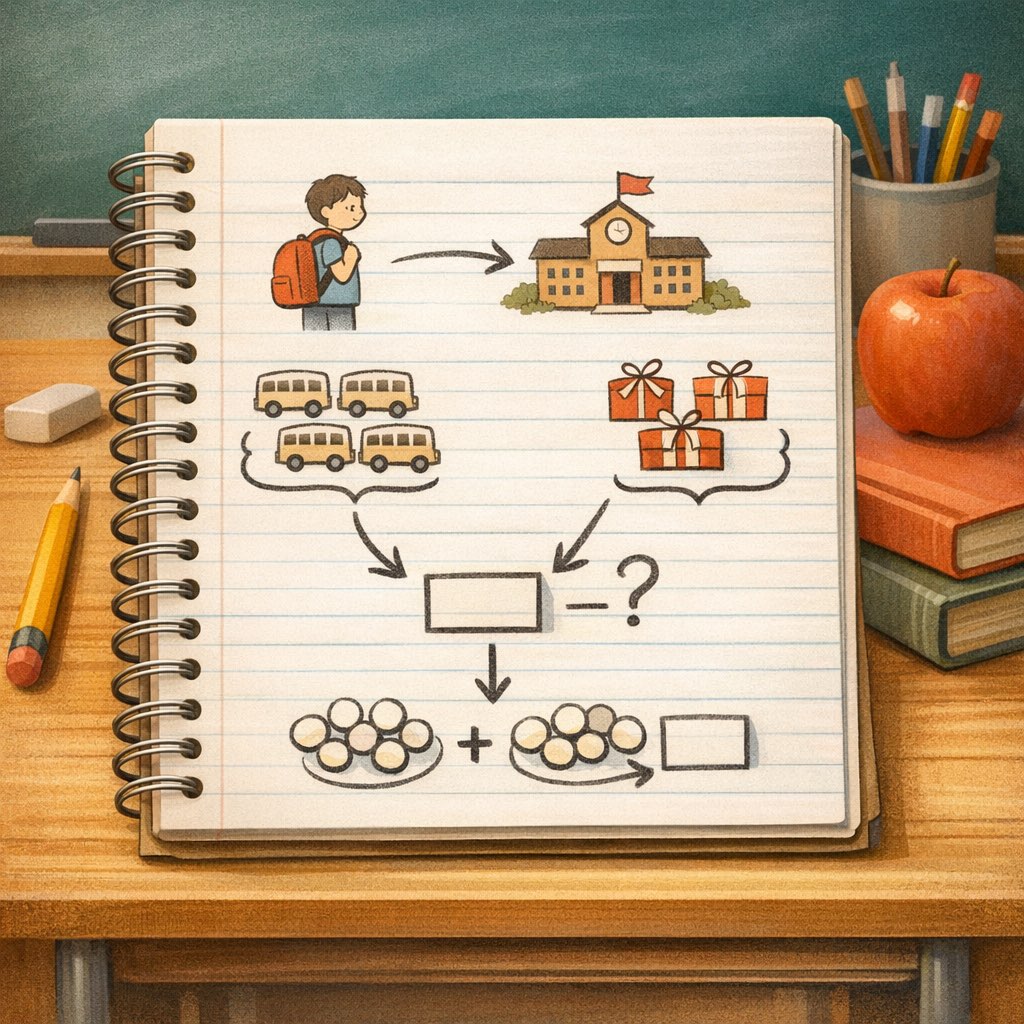 A student notebook with a short story problem, sketches, and grouped quantities for planning.