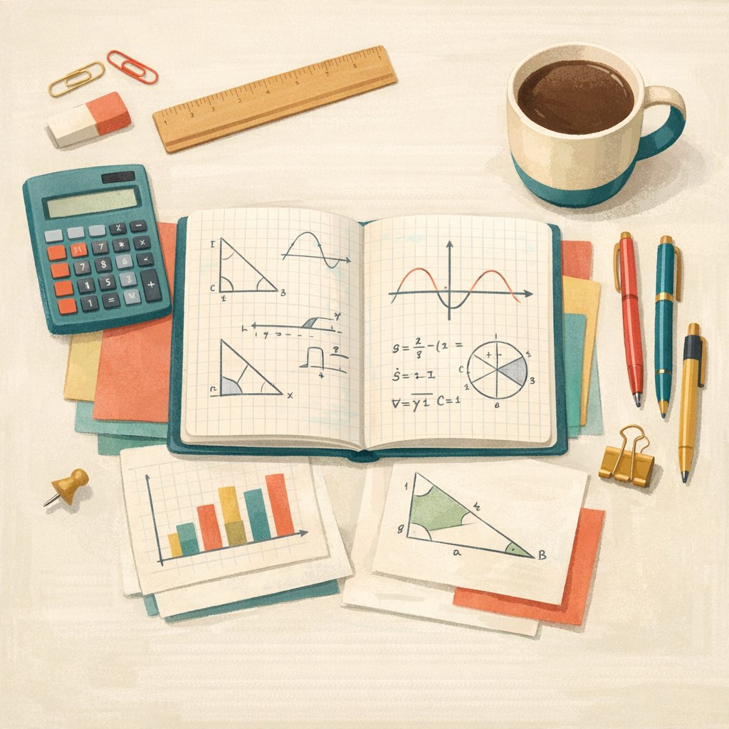 Notebook, calculator, graph paper, and math study materials on a teacher's desk.